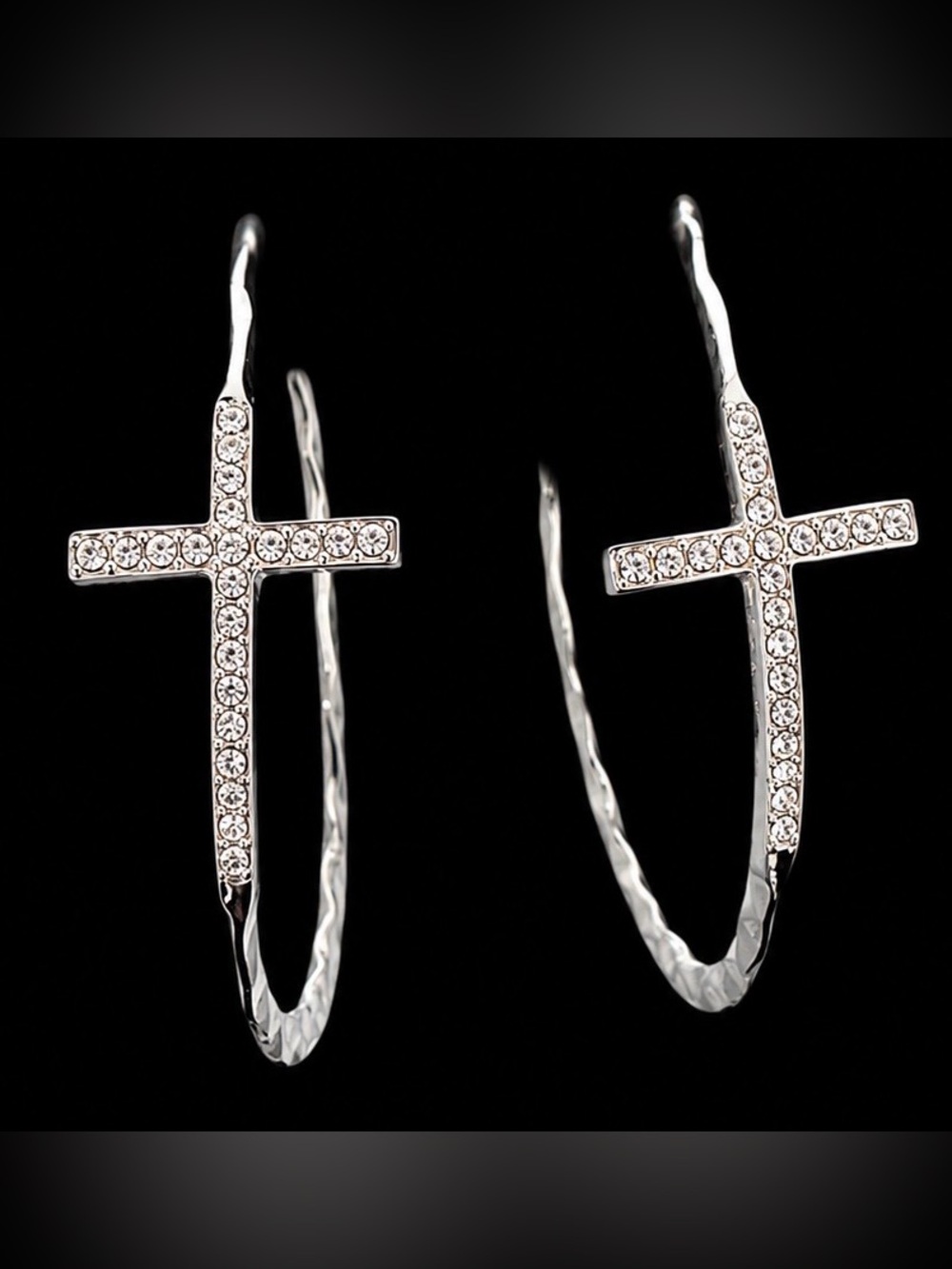 Silver Crystal Cross Oversized Hoop Earrings, NWOT